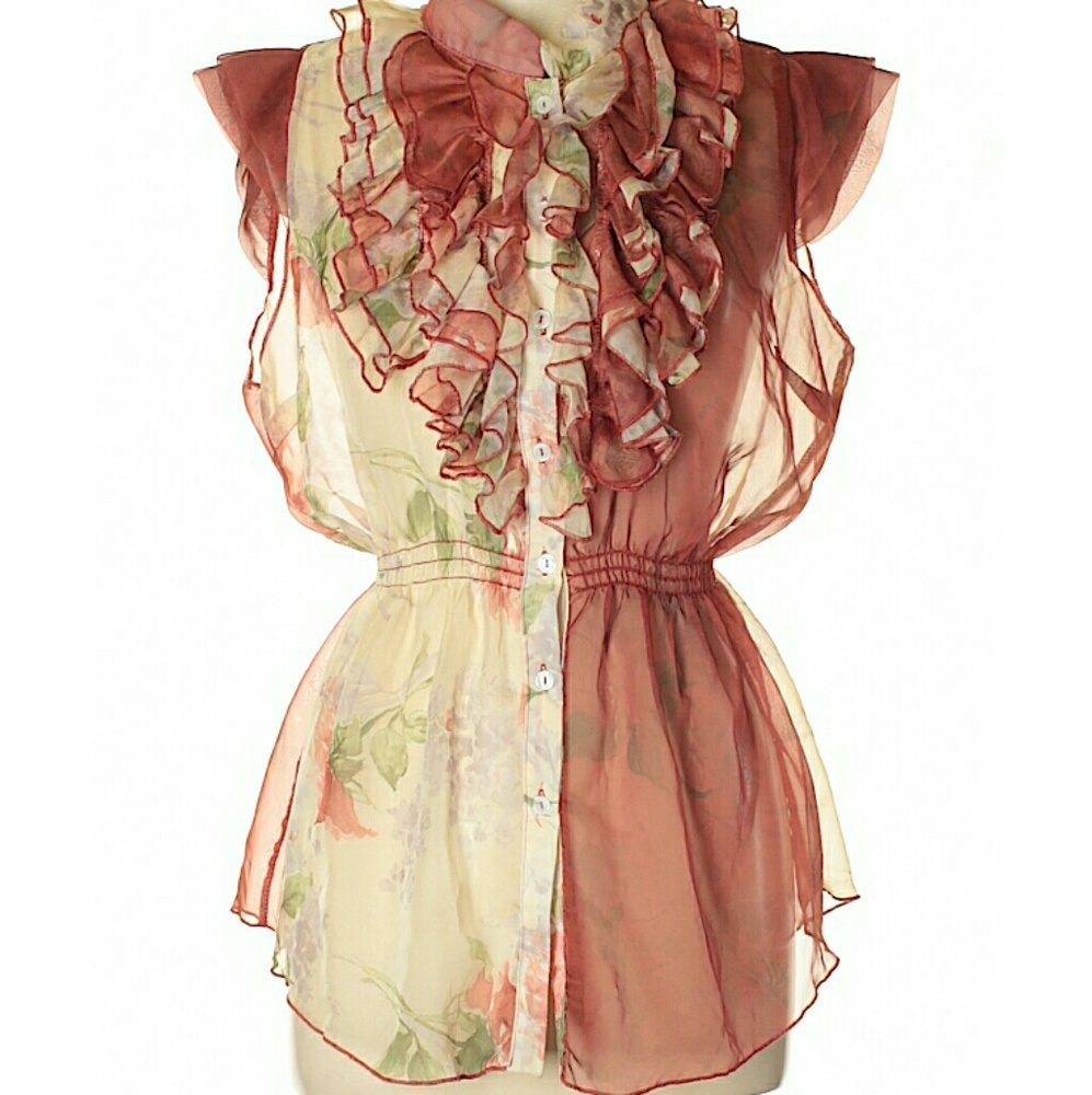 Sheer cap-sleeve ruffled floral blouse